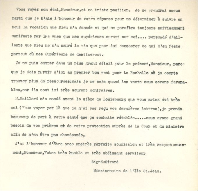 Lettre de Girard à l'Isle-Dieu, 1759