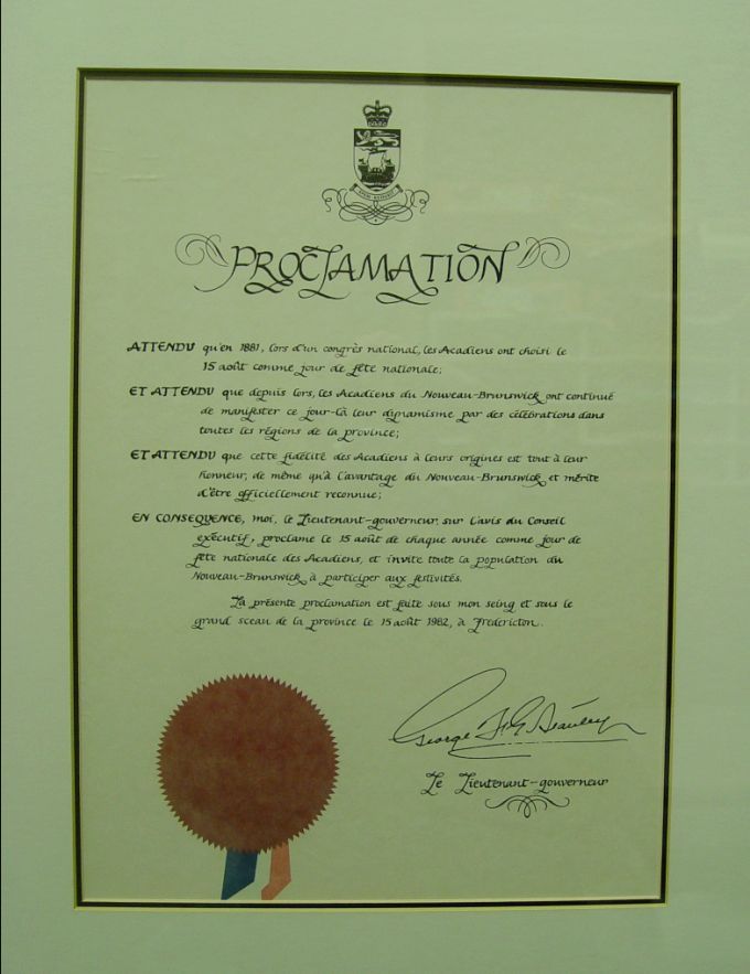 Royal Proclamation, Acadian National Holiday, 1982
