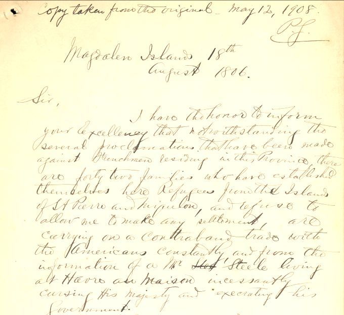 Lettre de Coffin aux autorités du Bas-Canada, 1806