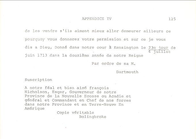 Lettre de la reine Anne d'Angleterre traitant des Acadiens