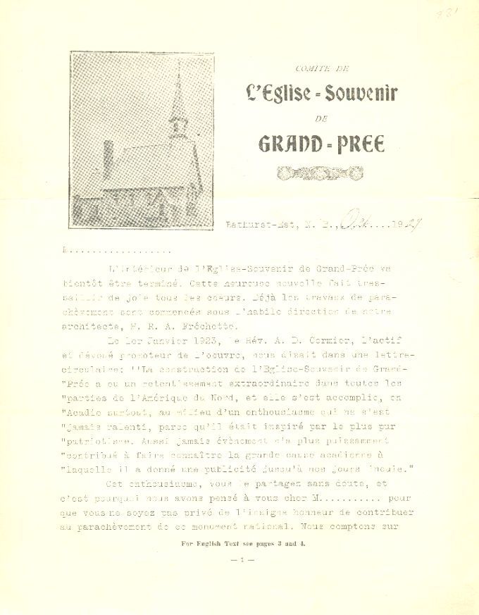Demande de souscription, église-souvenir de Grand-Pré, 1929