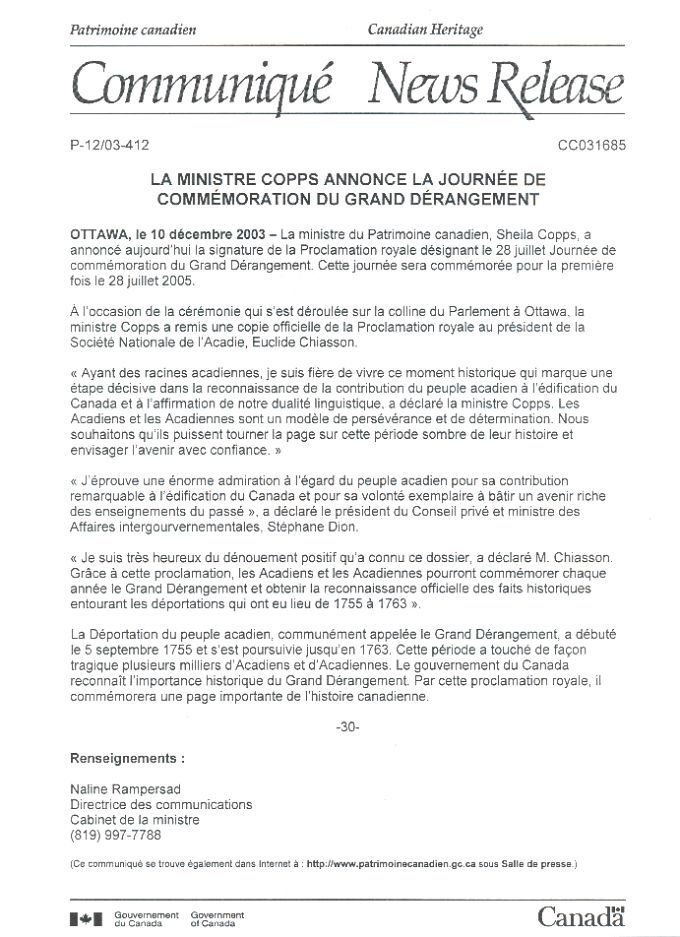 Press release, Canadian Heritage, Royal Proclamation, 2003