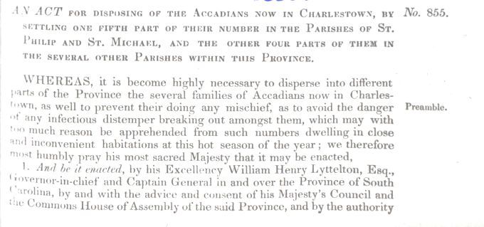 South Carolina law concerning the Acadians, 1756