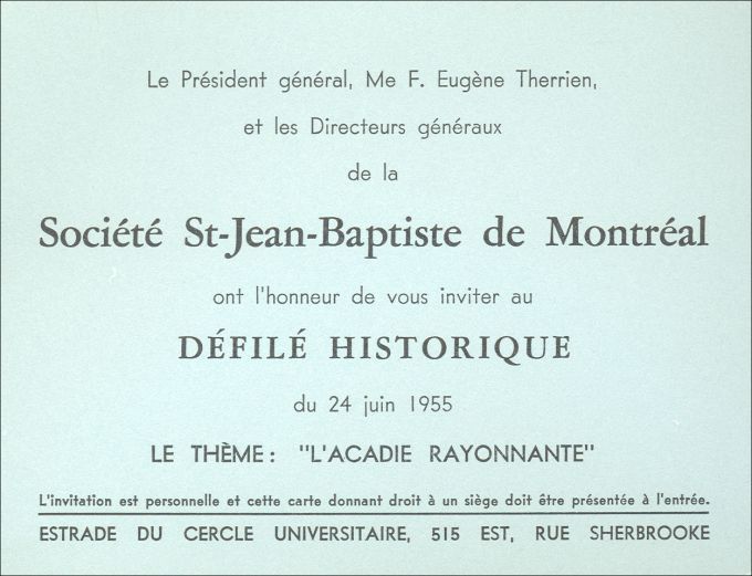 Invitation card, Québec's National Day in Montréal, 1955
