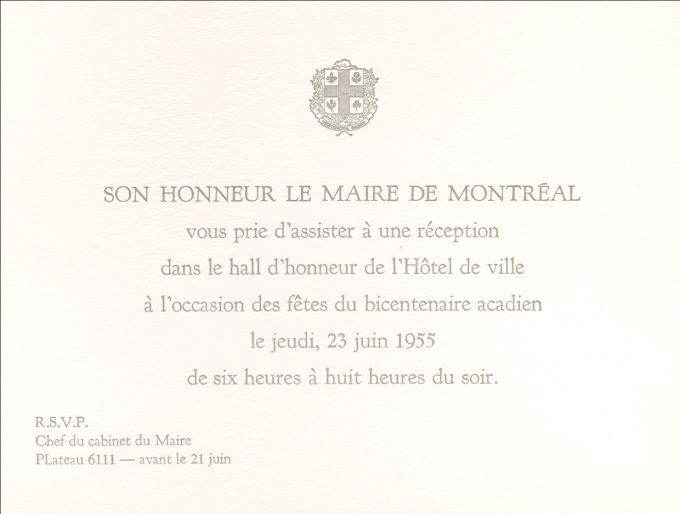 Invitation card, bicentennial of the Deportation, Montréal, 1955