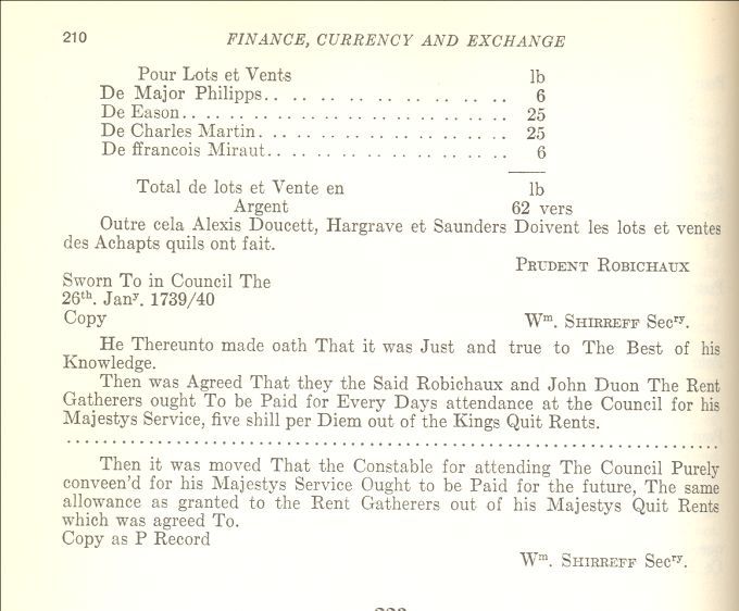 État des rentes, Prudent Robichaud, 1739