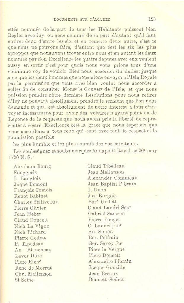Pétition, Annapolis-Royal, 1720