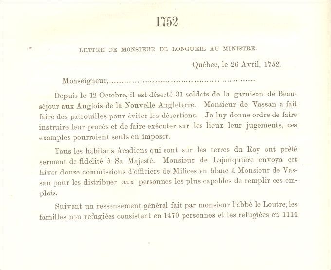 Letter from Longueuil to the Naval minister, 1752
