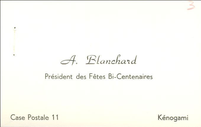 Business card, bicentennial festivities in Québec, 1955