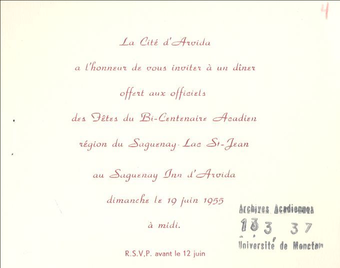 Carte d'invitation, fêtes du bicentenaire au Québec, 1955
