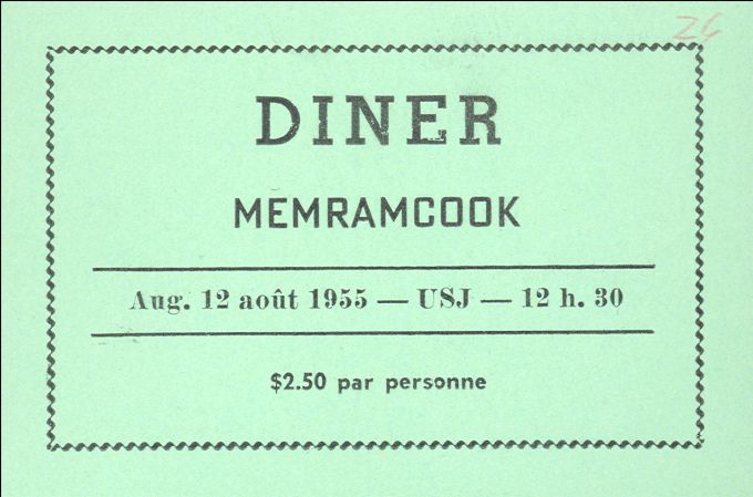Admission ticket, bicentennial festivities, Memramcook, 1955