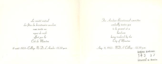 Bilingual invitation card, bicentennial festivities, 1955