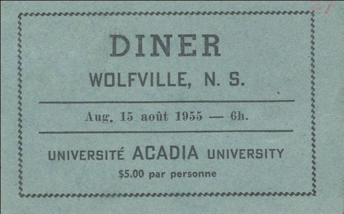 Admission ticket, bicentennial festivities, Wolfville, 1955