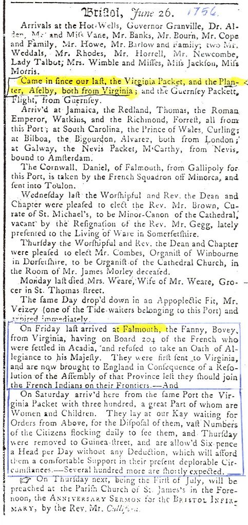 Acadian prisoners arrive in Falmouth and in Bristol, England, 1756