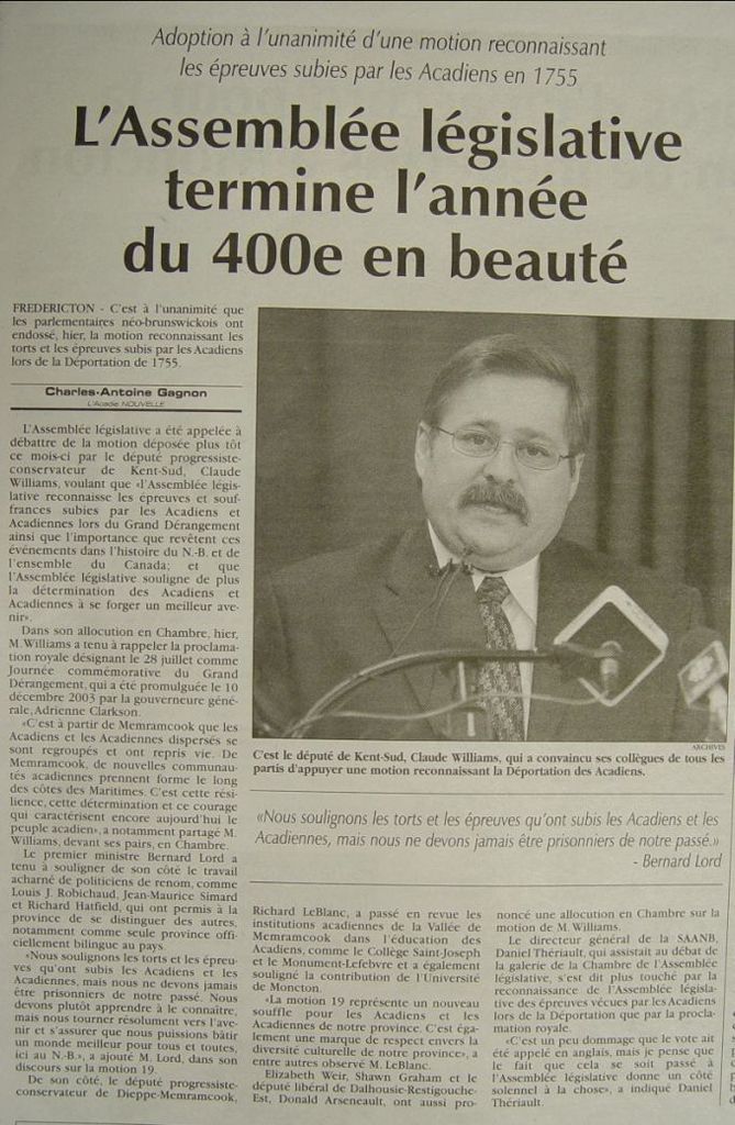 Motion concernant la Déportation, Assemblée législative du Nouveau-Brunswick, 2004