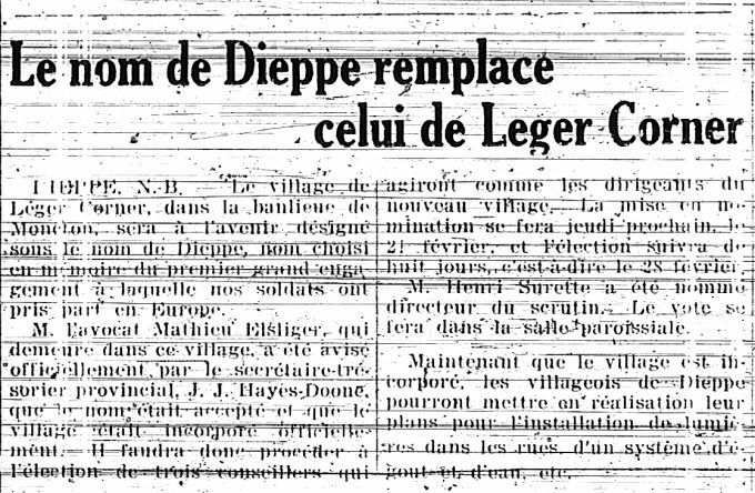 The name Dieppe replaces Léger Corner