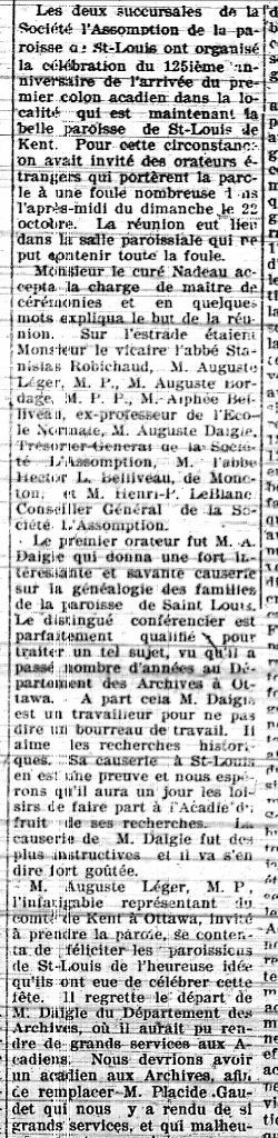 Anniversary of the arrival of the first Acadian settler in Saint-Louis-de-Kent, N.B.