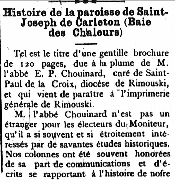 History of Saint-Joseph parish of Carleton (Baie des Chaleurs)