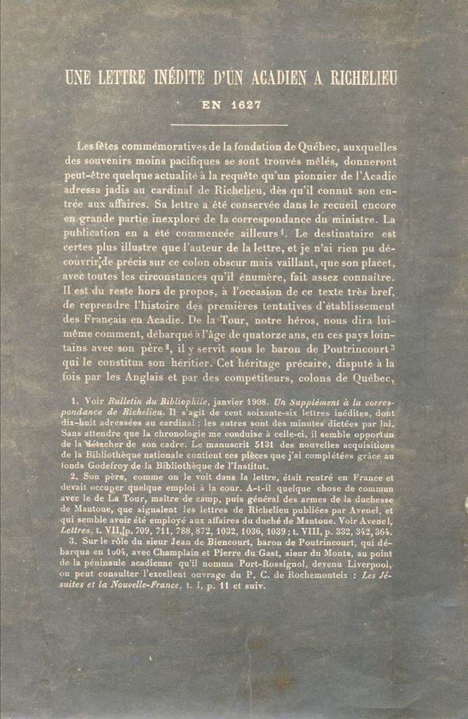 Une lettre inédite d'un Acadien à Richelieu en 1627