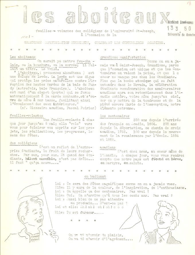 Journal étudiant « Les aboiteaux », Université Saint-Joseph, Memramcook, N.-B., 1955