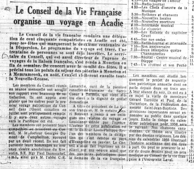 The Conseil de la Vie Française organizes a trip to Acadie